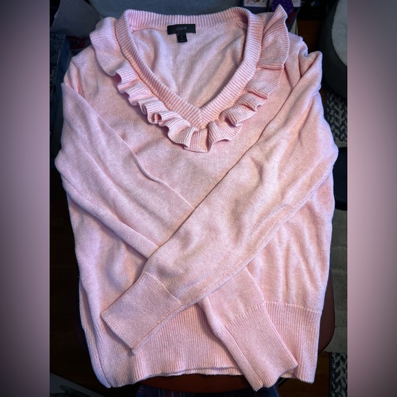 J. Crew Pink Ruffle V-Neck Sweater - Picture 3 of 6
